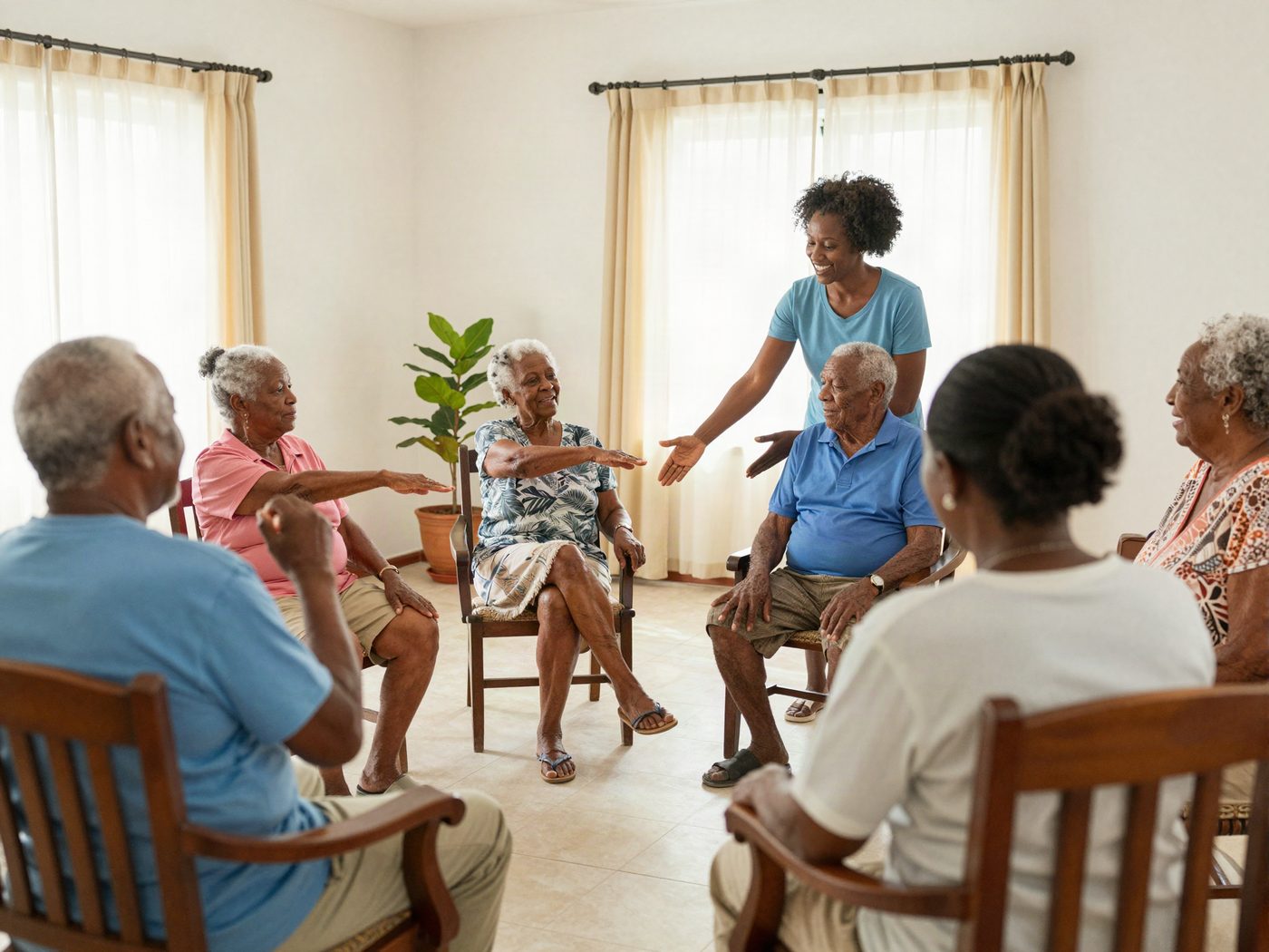 Illustrative image of residents enjoying gentle seated group exercise with an instructor