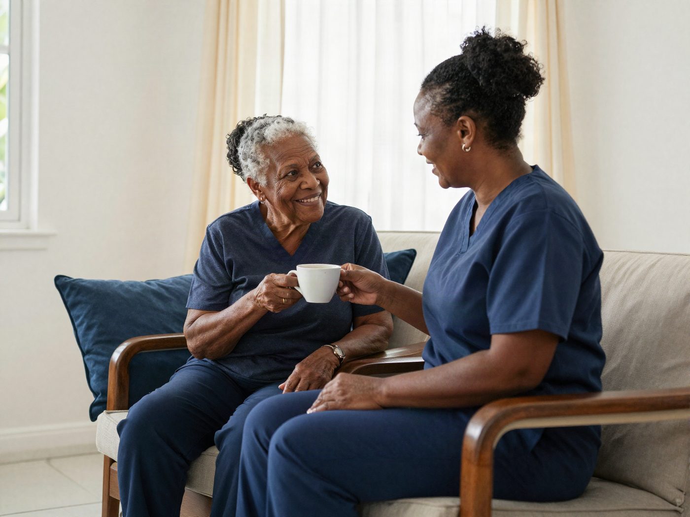 A caregiver in navy scrubs sharing tea and conversation with a smiling resident