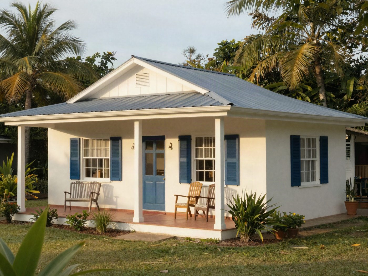 Illustrative image of a welcoming single-storey Caribbean home with a covered veranda and tropical garden